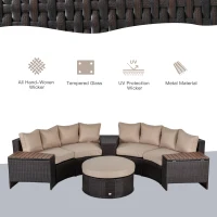 Outsunny 8 Piece Outdoor Rattan Sofa, Half Round Patio Furniture Set with Side Tables, Umbrella Hole, and Cushions, Mixed Brown and Beige(m-4)