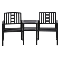 Outsunny Tete-a-Tete Garden Bench with Center Table, Metal Frame, Outdoor 2-Person Loveseat with Armrest for Patio Backyard Porch Black(m-9)