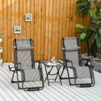 Outsunny 3 Pieces Foldable Patio Lounge Chair, Zero Gravity Chair Set of 2 with Side Table and Cup Holder, Reclining Chairs with Foot Massager Function, Headrest, Grey and Black(m-1)