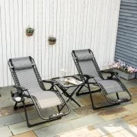 Outsunny 3 Pieces Foldable Patio Lounge Chair, Zero Gravity Chair Set of 2 with Side Table and Cup Holder, Reclining Chairs with Foot Massager Function, Headrest, Grey and Black(m-10)