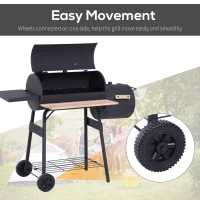Outsunny Charcoal BBQ, Portable Grill with Wheels, All-in-One Grill, Side vent, Two Shelves and Metal Grating, Lit-Mounted Thermometer, Wooden Handle, for Outdoor Cooking, Black(m-5)