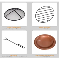 Outsunny 30" Outdoor Fire Pits, Copper-Colored Round Metal Camping Fire Pit, Firepit with Black Ornate Base, Poker, & Mesh Screen for Ember Protection(m-7)