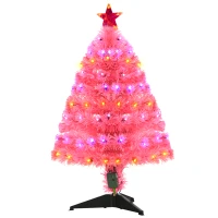 HOMCOM 3ft Tall Pre-Lit Douglas Fir Artificial Christmas Tree with Realistic Branches, 90 Multi-Color LED Lights, Fiber Optics, and 90 Tips, Pink(m-11)