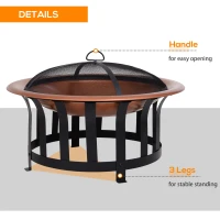 Outsunny 30" Outdoor Fire Pits, Copper-Colored Round Metal Camping Fire Pit, Firepit with Black Ornate Base, Poker, & Mesh Screen for Ember Protection(m-5)