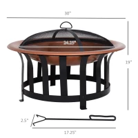 Outsunny 30" Outdoor Fire Pits, Copper-Colored Round Metal Camping Fire Pit, Firepit with Black Ornate Base, Poker, & Mesh Screen for Ember Protection(m-3)