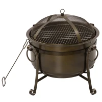 Outsunny 30" Outdoor Fire Pit Grill, Portable Steel Wood Burning Bowl, Cooking Grate, Poker, Spark Screen Lid for Patio, Backyard, BBQ, Camping, Bronze Colored(m-11)