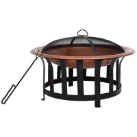 Outsunny 30" Outdoor Fire Pits, Copper-Colored Round Metal Camping Fire Pit, Firepit with Black Ornate Base, Poker, & Mesh Screen for Ember Protection(m-1)