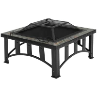 Outsunny 30" Outdoor Fire Pits, Square Steel Wood Burning Fire Pits with Spark Screen, Cooking Grill and Log Poker, Camping Fire Pit for Backyard, Patio(m-10)