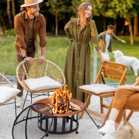 Outsunny 30" Outdoor Fire Pits, Copper-Colored Round Metal Camping Fire Pit, Firepit with Black Ornate Base, Poker, & Mesh Screen for Ember Protection(m-2)