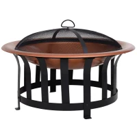 Outsunny 30" Outdoor Fire Pits, Copper-Colored Round Metal Camping Fire Pit, Firepit with Black Ornate Base, Poker, & Mesh Screen for Ember Protection(m-10)
