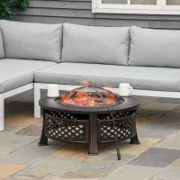 Outsunny 32" Outdoor Fire Pit Grill & Ice Bucket Table, Portable Steel Wood Burning Bowl, Cooking Grate, Poker, Rain Cover, Spark Screen Lid(m-10)