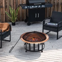 Outsunny 30" Outdoor Fire Pits, Copper-Colored Round Metal Camping Fire Pit, Firepit with Black Ornate Base, Poker, & Mesh Screen for Ember Protection(m-9)