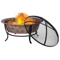 Outsunny 35" Outdoor Fire Pits, Wood Burning Camping Fire Pit, Black Rustic Cauldron Style Steel Firepit Bowl w/ Log Poker and Mesh Screen Enclosure for Ember Protection(m-9)