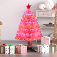 HOMCOM 3ft Tall Pre-Lit Douglas Fir Artificial Christmas Tree with Realistic Branches, 90 Multi-Color LED Lights, Fiber Optics, and 90 Tips, Pink(m-2)