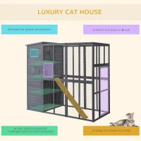 PawHut Large Wooden Outdoor Cat House with Large Run for Play, Catio for Lounging, and Condo Area for Sleeping, Grey(m-4)