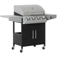 Outsunny 52" Barbecue Grill with Wheels 4+1 Burner Liquid Propane Gas Grill Outdoor Cabinet Style BBQ Trolley w/ Side Burner, Warming Rack, Storage Cabinet