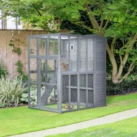 PawHut Large Wooden Outdoor Cat House with Large Run for Play, Catio for Lounging, and Condo Area for Sleeping, Grey(m-10)