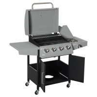 Outsunny 52" Barbecue Grill with Wheels 4+1 Burner Liquid Propane Gas Grill Outdoor Cabinet Style BBQ Trolley w/ Side Burner, Warming Rack, Storage Cabinet(m-9)