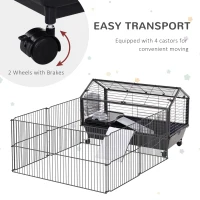 PawHut Rolling Metal Rabbit, Guinea Pig, or Small Animal Hutch Cage with Main House and Run(m-6)