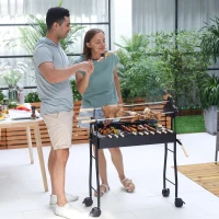 Outsunny 35" Charcoal BBQ Grill and Smoker Combo 2 in 1 Portable Rotisserie with Large/Small Skewers Included and 4 Wheels for Portability(m-2)