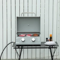 Outsunny 2 Burner Folding Tabletop Gas BBQ Grill w/ Lid, Thermometer, Carbon Steel, Gray(m-11)