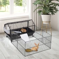 PawHut Rolling Metal Rabbit, Guinea Pig, or Small Animal Hutch Cage with Main House and Run(m-2)