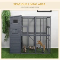 PawHut Large Wooden Outdoor Cat House with Large Run for Play, Catio for Lounging, and Condo Area for Sleeping, Grey(m-6)