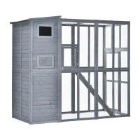 PawHut Large Wooden Outdoor Cat House with Large Run for Play, Catio for Lounging, and Condo Area for Sleeping, Grey(m-2)