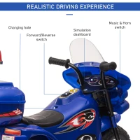 Aosom 6V Kids Motorcycle Dirt Bike Electric Battery-Powered Ride-On Toy Off-road Street Bike with Music & Horn Buttons, Stable 3-Wheel Design, & Rear Storage Space, Blue(m-5)