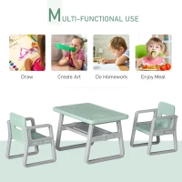 Qaba 3-Piece Kids Table and Chair Set Writing Desk with Armrest, Storage Space for Toddler Activities, Green(m-4)