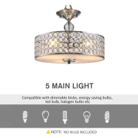 HOMCOM Chandelier Pendant Light Lamp with Crystal Ball Pole, Hanging Ceiling Lamp, Drum Shaped Shade, Metal Base, Silver(m-5)