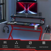 HOMCOM 47" Gaming Desk Computer Table for Home Office with Elevated Monitor Stand, Headphone Hook, Cup Holder, and Controller Rack, Red/Black(m-7)