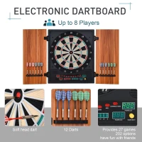 Soozier Electronic Dartboard Cabinet Set with 27 Main Games, 202 Variations, 12 Darts for Multi-Game Option Ready-to-Play, Light Brown(m-7)