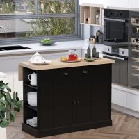 HOMCOM Fluted-Style Wooden Kitchen Island, Countertop with Drop Leaf, Drawer, Open Shelves, Storage, Black(m-2)