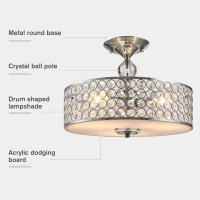 HOMCOM Chandelier Pendant Light Lamp with Crystal Ball Pole, Hanging Ceiling Lamp, Drum Shaped Shade, Metal Base, Silver(m-6)