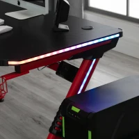 HOMCOM 43in Gaming Desk with RGB LED Lights Racing Style Gaming Table with Cup Holder & Cable Management, Red(m-12)