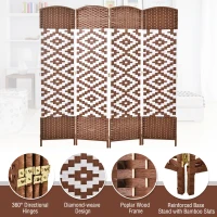 HOMCOM 6ft 4 Panel Diamond Weave Folding Room Divider with Freestanding Folding Screen & Stylish Wicker Material(m-6)