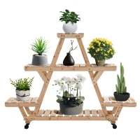 Outsunny Outdoor Plant Stand w/ Wheels and Brakes, Mobile Wood Plant Shelf Flower Stand for Garden Balcony Backyard Corner Living Room, Natural(m-11)