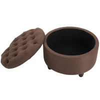 HOMCOM Round Linen-touch Fabric Storage Footstool Ottoman Button Tufted Footrest with Removable Lid, Brown(m-9)