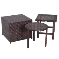 Outsunny 3 Piece Rattan Wicker Side Table Set with Square, Round Shape, Outdoor Garden Coffee Bistro Table, Brown(m-1)