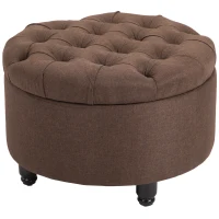 HOMCOM Round Linen-touch Fabric Storage Footstool Ottoman Button Tufted Footrest with Removable Lid, Brown(m-1)