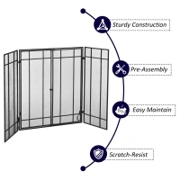 HOMCOM 3-Panel 49.25" W x 31.5" H Metal Mesh Screen Fireplace with Foldable Steel Spark Guard and Magnetic Doors, Black(m-7)