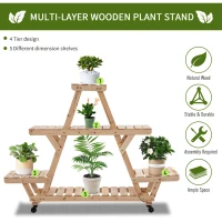 Outsunny Outdoor Plant Stand w/ Wheels and Brakes, Mobile Wood Plant Shelf Flower Stand for Garden Balcony Backyard Corner Living Room, Natural(m-4)