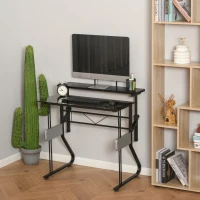 HOMCOM Writing PC Computer Desk with Height Adjustable Monitor Stand and Foot Pads for Home Office Workstation, Black(m-10)