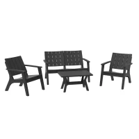 Outsunny 4-Piece Outdoor Patio Conversation Set Garden Furniture Set with Weather-Fighting PP Materials, Adirondack Comfort, & Coffee Table, Black(m-10)
