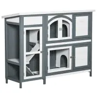 PawHut 2-Story Wooden Rabbit Hutch, Small Animal Bunny Cage Run w/ Slide Tray, White(m-1)