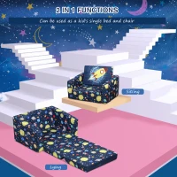 Qaba Kids Fold-Out Couch/Chair Lounger with Space-Themed Washable Fabric & Removable Cushion for 3-6 Years Old, Blue(m-4)