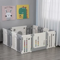 Qaba 14-Piece Children Baby Playpen Kids Activity Center Fence Enclosure with Easy Safety Gate & Built-In Fun Toys, Grey(m-2)
