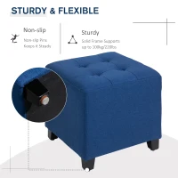 HOMCOM Tufted Ottoman Linen-Touch Fabric Upholstered Footrest Stool with Anti-Slip Pads, Blue(m-4)