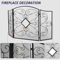 HOMCOM 3-Panel Metal Fireplace Spiral Mesh Cover Screen Home Foldable Steel Spark Guard Decoration, Black(m-7)